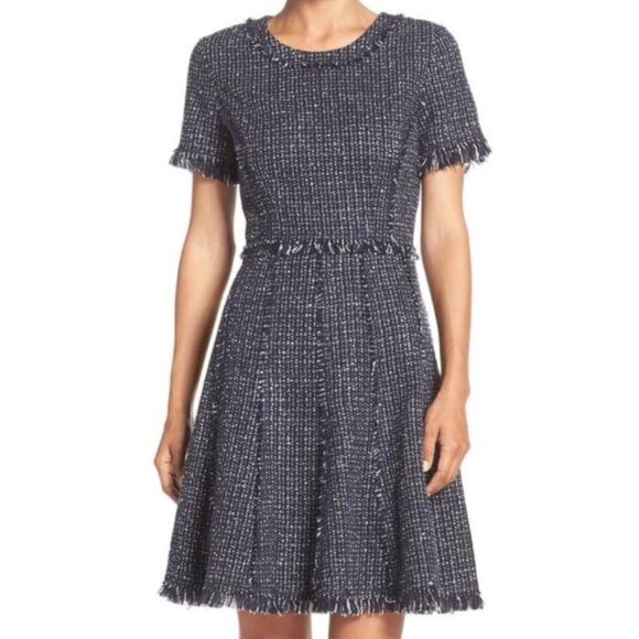 NWOT Eliza J Tweed Frayed Fit Flare Dress Blue Office Preppy Old Money Sz 10 - Picture 1 of 16